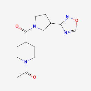 molecular formula C14H20N4O3 B2619482 1-(4-(3-(1,2,4-Oxadiazol-3-yl)pyrrolidine-1-carbonyl)piperidin-1-yl)ethanone CAS No. 2034276-04-3