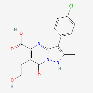 molecular formula C16H14ClN3O4 B2619486 3-(4-Chlorophenyl)-6-(2-hydroxyethyl)-2-methyl-7-oxo-4,7-dihydropyrazolo[1,5-a]pyrimidine-5-carboxylic acid CAS No. 887833-46-7
