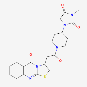 molecular formula C21H27N5O4S B2619536 3-methyl-1-(1-(2-(5-oxo-2,3,6,7,8,9-hexahydro-5H-thiazolo[2,3-b]quinazolin-3-yl)acetyl)piperidin-4-yl)imidazolidine-2,4-dione CAS No. 2194847-59-9