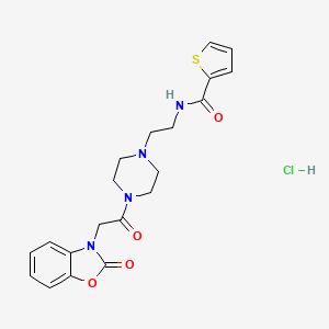 molecular formula C20H23ClN4O4S B2619540 N-(2-(4-(2-(2-oxobenzo[d]oxazol-3(2H)-yl)acetyl)piperazin-1-yl)ethyl)thiophene-2-carboxamide hydrochloride CAS No. 1351609-49-8