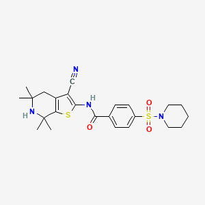 molecular formula C24H30N4O3S2 B2619562 N-(3-cyano-5,5,7,7-tetramethyl-4,5,6,7-tetrahydrothieno[2,3-c]pyridin-2-yl)-4-(piperidin-1-ylsulfonyl)benzamide CAS No. 681438-92-6