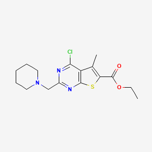 molecular formula C16H20ClN3O2S B2619609 Ethyl 4-chloro-5-methyl-2-(piperidin-1-ylmethyl)thieno[2,3-d]pyrimidine-6-carboxylate 