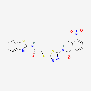 molecular formula C19H14N6O4S3 B2619695 N-(5-((2-(benzo[d]thiazol-2-ylamino)-2-oxoethyl)thio)-1,3,4-thiadiazol-2-yl)-2-methyl-3-nitrobenzamide CAS No. 391868-65-8