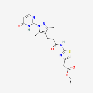molecular formula C20H24N6O4S B2619899 ethyl 2-(2-(3-(3,5-dimethyl-1-(4-methyl-6-oxo-1,6-dihydropyrimidin-2-yl)-1H-pyrazol-4-yl)propanamido)thiazol-4-yl)acetate CAS No. 1172401-28-3