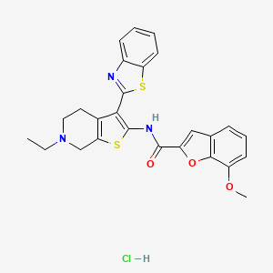molecular formula C26H24ClN3O3S2 B2620109 N-(3-(benzo[d]thiazol-2-yl)-6-ethyl-4,5,6,7-tetrahydrothieno[2,3-c]pyridin-2-yl)-7-methoxybenzofuran-2-carboxamide hydrochloride CAS No. 1329644-17-8