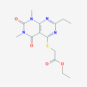 molecular formula C14H18N4O4S B2620251 Ethyl 2-(7-ethyl-1,3-dimethyl-2,4-dioxopyrimido[4,5-d]pyrimidin-5-yl)sulfanylacetate CAS No. 852170-59-3