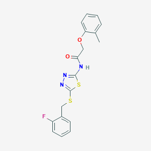 molecular formula C18H16FN3O2S2 B262028 N-(5-{[(2-FLUOROPHENYL)METHYL]SULFANYL}-1,3,4-THIADIAZOL-2-YL)-2-(2-METHYLPHENOXY)ACETAMIDE 