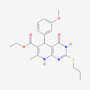 molecular formula C21H25N3O4S B2620488 Ethyl 5-(3-methoxyphenyl)-7-methyl-4-oxo-2-(propylthio)-3,4,5,8-tetrahydropyrido[2,3-d]pyrimidine-6-carboxylate CAS No. 923164-23-2