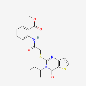 molecular formula C21H23N3O4S2 B2621155 Ethyl 2-(2-((3-(sec-butyl)-4-oxo-3,4-dihydrothieno[3,2-d]pyrimidin-2-yl)thio)acetamido)benzoate CAS No. 1326850-42-3