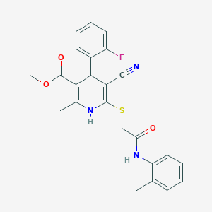 molecular formula C24H22FN3O3S B2621463 Methyl 5-cyano-4-(2-fluorophenyl)-2-methyl-6-((2-oxo-2-(o-tolylamino)ethyl)thio)-1,4-dihydropyridine-3-carboxylate CAS No. 442557-58-6