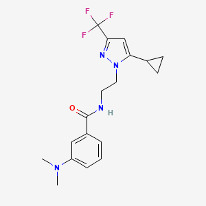 molecular formula C18H21F3N4O B2621575 N-(2-(5-cyclopropyl-3-(trifluoromethyl)-1H-pyrazol-1-yl)ethyl)-3-(dimethylamino)benzamide CAS No. 1797816-97-7