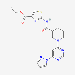molecular formula C19H21N7O3S B2621631 ethyl 2-(1-(6-(1H-pyrazol-1-yl)pyrimidin-4-yl)piperidine-3-carboxamido)thiazole-4-carboxylate CAS No. 1351658-89-3