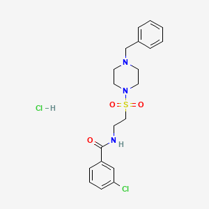 molecular formula C20H25Cl2N3O3S B2621781 N-(2-((4-benzylpiperazin-1-yl)sulfonyl)ethyl)-3-chlorobenzamide hydrochloride CAS No. 1185050-90-1