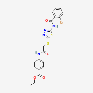 molecular formula C20H17BrN4O4S2 B2621793 Ethyl 4-[[2-[[5-[(2-bromobenzoyl)amino]-1,3,4-thiadiazol-2-yl]sulfanyl]acetyl]amino]benzoate CAS No. 392293-14-0