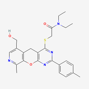 molecular formula C25H28N4O3S B2622101 N,N-diethyl-2-{[11-(hydroxymethyl)-14-methyl-5-(4-methylphenyl)-2-oxa-4,6,13-triazatricyclo[8.4.0.0^{3,8}]tetradeca-1(10),3(8),4,6,11,13-hexaen-7-yl]sulfanyl}acetamide CAS No. 892385-00-1