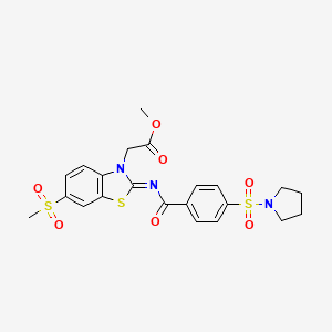 molecular formula C22H23N3O7S3 B2622271 methyl 2-[(2Z)-6-methanesulfonyl-2-{[4-(pyrrolidine-1-sulfonyl)benzoyl]imino}-2,3-dihydro-1,3-benzothiazol-3-yl]acetate CAS No. 865198-44-3