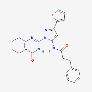 N-(3-(furan-2-yl)-1-(4-oxo-3,4,5,6,7,8-hexahydroquinazolin-2-yl)-1H-pyrazol-5-yl)-3-phenylpropanamide
