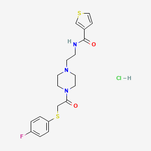 molecular formula C19H23ClFN3O2S2 B2622814 N-(2-(4-(2-((4-fluorophenyl)thio)acetyl)piperazin-1-yl)ethyl)thiophene-3-carboxamide hydrochloride CAS No. 1351615-18-3