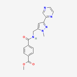 molecular formula C18H17N5O3 B2622907 methyl 4-(((1-methyl-3-(pyrazin-2-yl)-1H-pyrazol-5-yl)methyl)carbamoyl)benzoate CAS No. 2034602-59-8