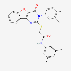 molecular formula C28H25N3O3S B2623486 N-(3,5-dimethylphenyl)-2-{[5-(3,4-dimethylphenyl)-6-oxo-8-oxa-3,5-diazatricyclo[7.4.0.0^{2,7}]trideca-1(9),2(7),3,10,12-pentaen-4-yl]sulfanyl}acetamide CAS No. 872207-91-5