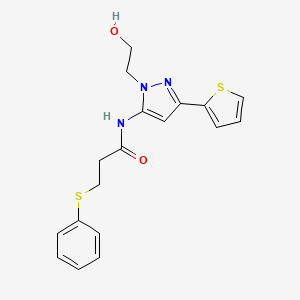 molecular formula C18H19N3O2S2 B2623878 N-(1-(2-hydroxyethyl)-3-(thiophen-2-yl)-1H-pyrazol-5-yl)-3-(phenylthio)propanamide CAS No. 1219902-72-3