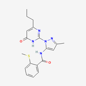 molecular formula C19H21N5O2S B2624023 N-[3-methyl-1-(6-oxo-4-propyl-1,6-dihydropyrimidin-2-yl)-1H-pyrazol-5-yl]-2-(methylsulfanyl)benzamide CAS No. 1004637-32-4