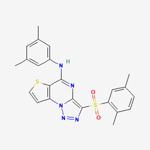 molecular formula C23H21N5O2S2 B2624035 10-(2,5-dimethylbenzenesulfonyl)-N-(3,5-dimethylphenyl)-5-thia-1,8,11,12-tetraazatricyclo[7.3.0.0^{2,6}]dodeca-2(6),3,7,9,11-pentaen-7-amine CAS No. 892747-22-7