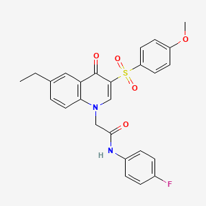 molecular formula C26H23FN2O5S B2624200 2-[6-ethyl-3-(4-methoxybenzenesulfonyl)-4-oxo-1,4-dihydroquinolin-1-yl]-N-(4-fluorophenyl)acetamide CAS No. 866813-51-6