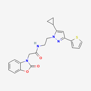 molecular formula C21H20N4O3S B2624289 N-(2-(5-cyclopropyl-3-(thiophen-2-yl)-1H-pyrazol-1-yl)ethyl)-2-(2-oxobenzo[d]oxazol-3(2H)-yl)acetamide CAS No. 1797245-03-4