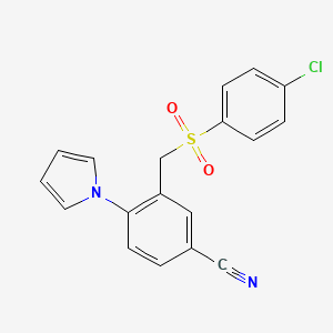 molecular formula C18H13ClN2O2S B2624319 3-{[(4-chlorophenyl)sulfonyl]methyl}-4-(1H-pyrrol-1-yl)benzenecarbonitrile CAS No. 454473-77-9