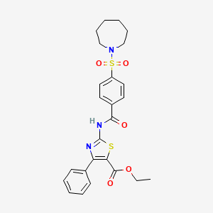 molecular formula C25H27N3O5S2 B2624332 Ethyl 2-(4-(azepan-1-ylsulfonyl)benzamido)-4-phenylthiazole-5-carboxylate CAS No. 681250-69-1