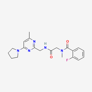 molecular formula C20H24FN5O2 B2624370 2-fluoro-N-methyl-N-(2-(((4-methyl-6-(pyrrolidin-1-yl)pyrimidin-2-yl)methyl)amino)-2-oxoethyl)benzamide CAS No. 1796963-13-7