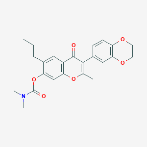molecular formula C24H25NO6 B2624479 3-(2,3-dihydrobenzo[b][1,4]dioxin-6-yl)-2-methyl-4-oxo-6-propyl-4H-chromen-7-yl dimethylcarbamate CAS No. 637747-03-6