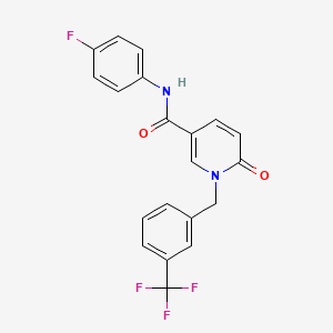 molecular formula C20H14F4N2O2 B2624850 N-(4-fluorophenyl)-6-oxo-1-{[3-(trifluoromethyl)phenyl]methyl}-1,6-dihydropyridine-3-carboxamide CAS No. 1004393-31-0