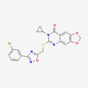 molecular formula C21H15BrN4O4S B2625074 6-(((3-(3-bromophenyl)-1,2,4-oxadiazol-5-yl)methyl)thio)-7-cyclopropyl-[1,3]dioxolo[4,5-g]quinazolin-8(7H)-one CAS No. 1111994-40-1
