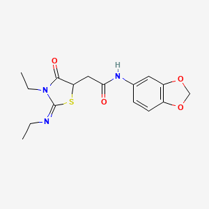 molecular formula C16H19N3O4S B2625076 (E)-N-(benzo[d][1,3]dioxol-5-yl)-2-(3-ethyl-2-(ethylimino)-4-oxothiazolidin-5-yl)acetamide CAS No. 691380-53-7