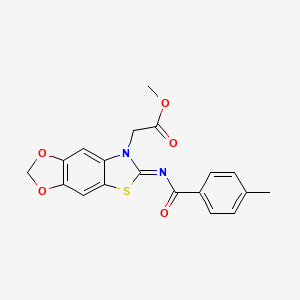 molecular formula C19H16N2O5S B2625093 methyl 2-[6-(4-methylbenzoyl)imino-[1,3]dioxolo[4,5-f][1,3]benzothiazol-7-yl]acetate CAS No. 895450-47-2