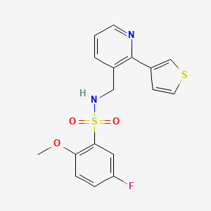 molecular formula C17H15FN2O3S2 B2625382 5-fluoro-2-methoxy-N-((2-(thiophen-3-yl)pyridin-3-yl)methyl)benzenesulfonamide CAS No. 2034269-26-4
