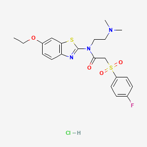 molecular formula C21H25ClFN3O4S2 B2625404 N-(2-(dimethylamino)ethyl)-N-(6-ethoxybenzo[d]thiazol-2-yl)-2-((4-fluorophenyl)sulfonyl)acetamide hydrochloride CAS No. 1215646-26-6