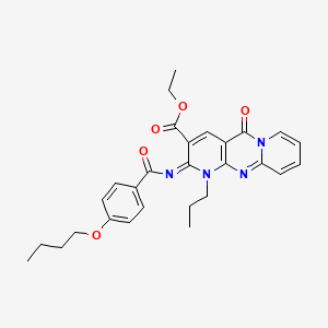 molecular formula C28H30N4O5 B2625456 ethyl 6-(4-butoxybenzoyl)imino-2-oxo-7-propyl-1,7,9-triazatricyclo[8.4.0.03,8]tetradeca-3(8),4,9,11,13-pentaene-5-carboxylate CAS No. 685859-62-5