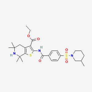 molecular formula C27H37N3O5S2 B2625556 Ethyl 5,5,7,7-tetramethyl-2-(4-((3-methylpiperidin-1-yl)sulfonyl)benzamido)-4,5,6,7-tetrahydrothieno[2,3-c]pyridine-3-carboxylate CAS No. 449783-10-2