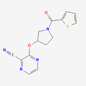 molecular formula C14H12N4O2S B2625559 3-((1-(Thiophene-2-carbonyl)pyrrolidin-3-yl)oxy)pyrazine-2-carbonitrile CAS No. 2034528-77-1