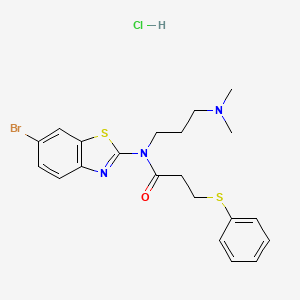 molecular formula C21H25BrClN3OS2 B2625569 N-(6-BROMO-1,3-BENZOTHIAZOL-2-YL)-N-[3-(DIMETHYLAMINO)PROPYL]-3-(PHENYLSULFANYL)PROPANAMIDE HYDROCHLORIDE CAS No. 1217081-75-8