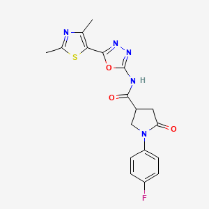 molecular formula C18H16FN5O3S B2625615 N-[5-(2,4-dimethyl-1,3-thiazol-5-yl)-1,3,4-oxadiazol-2-yl]-1-(4-fluorophenyl)-5-oxopyrrolidine-3-carboxamide CAS No. 1324466-03-6