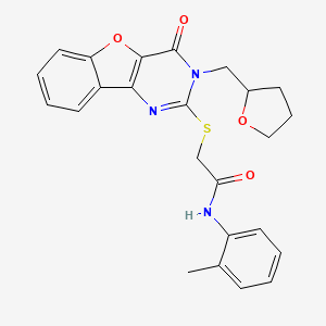 molecular formula C24H23N3O4S B2625936 N-(2-methylphenyl)-2-({6-oxo-5-[(oxolan-2-yl)methyl]-8-oxa-3,5-diazatricyclo[7.4.0.0^{2,7}]trideca-1(9),2(7),3,10,12-pentaen-4-yl}sulfanyl)acetamide CAS No. 899754-82-6