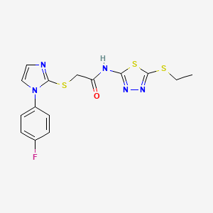 molecular formula C15H14FN5OS3 B2626370 N-[5-(ethylsulfanyl)-1,3,4-thiadiazol-2-yl]-2-{[1-(4-fluorophenyl)-1H-imidazol-2-yl]sulfanyl}acetamide CAS No. 851132-70-2