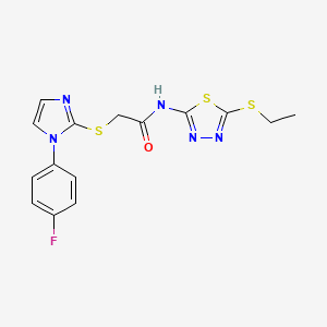 molecular formula C15H14FN5OS3 B2626370 N-(5-ethylsulfanyl-1,3,4-thiadiazol-2-yl)-2-[1-(4-fluorophenyl)imidazol-2-yl]sulfanylacetamide CAS No. 851132-70-2