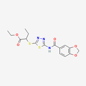 molecular formula C16H17N3O5S2 B2626386 乙酸-2-[[5-(1,3-苯并二噁杂环-5-羰氨基)-1,3,4-噻二唑-2-基]磺酰]丁酸酯 CAS No. 476465-83-5