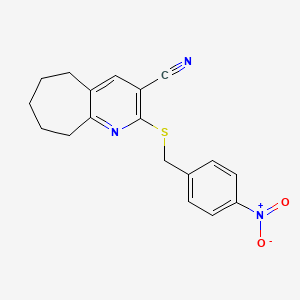 molecular formula C18H17N3O2S B2626448 2-[(4-nitrophenyl)methylsulfanyl]-6,7,8,9-tetrahydro-5H-cyclohepta[b]pyridine-3-carbonitrile CAS No. 361984-48-7
