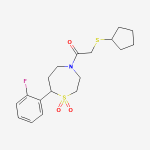 molecular formula C18H24FNO3S2 B2626454 2-(Cyclopentylthio)-1-(7-(2-fluorophenyl)-1,1-dioxido-1,4-thiazepan-4-yl)ethanone CAS No. 2034383-36-1